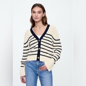 Gap Relaxed Stripe V-Neck Nautical 100% Cotton Cardigan Sweater NWT Oversized